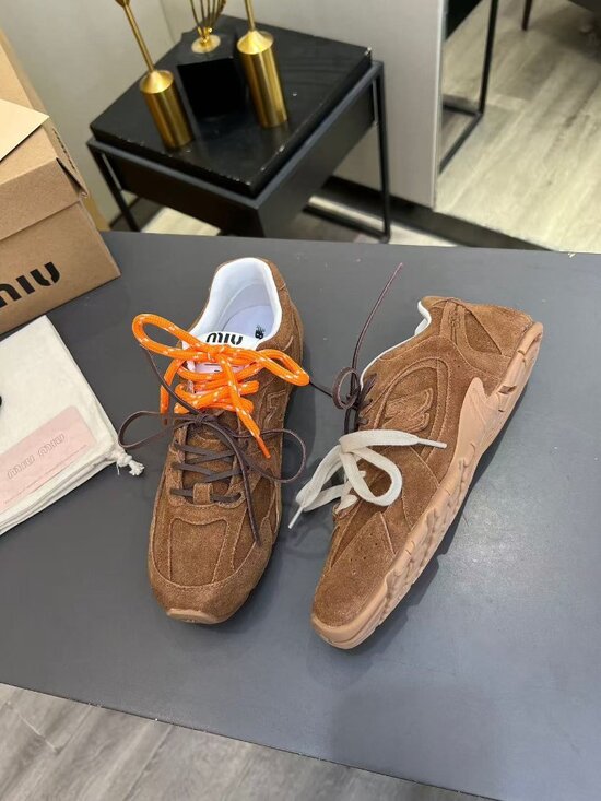 Miu Miu Shoes - Miu Miu Brown Suede Low-Top Sneakers with Multi-Color Laces